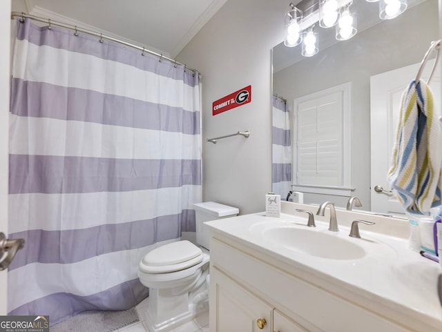 full bathroom featuring a shower with shower curtain, ornamental molding, toilet, tile patterned floors, and vanity