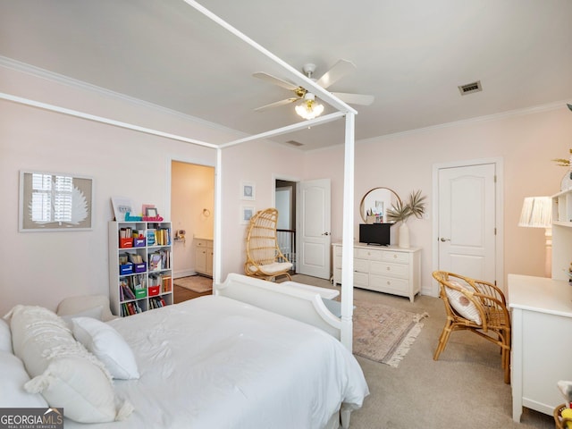 bedroom featuring a ceiling fan, light carpet, crown molding, and visible vents
