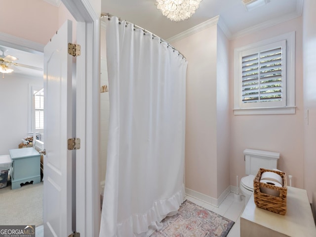 bathroom with visible vents, ornamental molding, toilet, tile patterned floors, and a shower with curtain