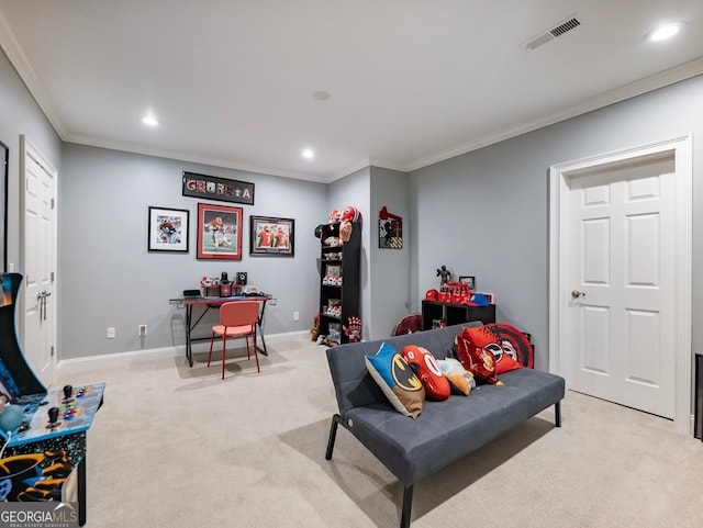 recreation room with crown molding, recessed lighting, baseboards, visible vents, and light carpet