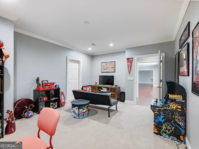 office area with recessed lighting, carpet, baseboards, and crown molding