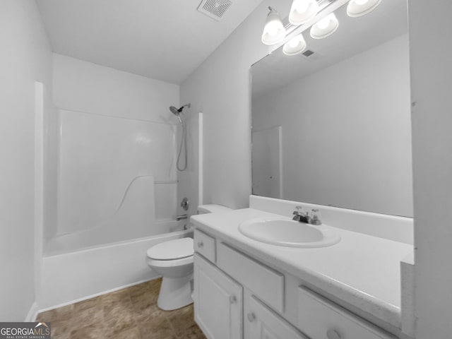 full bath featuring visible vents, toilet, vanity, and  shower combination