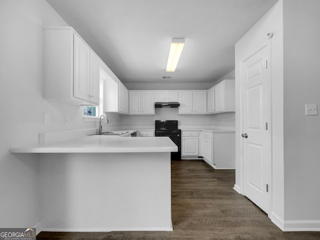 kitchen with black electric range oven, a sink, under cabinet range hood, a peninsula, and light countertops