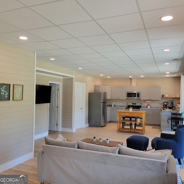 107 Oak Way Dr, Eastanollee, GA 30538 - living room featuring recessed lighting, baseboards, a paneled ceiling, and light wood-style floors