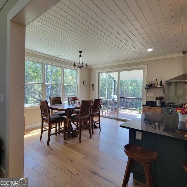 107 Oak Way Dr, Eastanollee, GA 30538 - dining space with a chandelier, light wood-style flooring, wooden ceiling, and ornamental molding