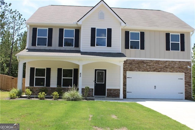 83 Nyishol Way, Dallas, GA 30157 - view of front facade with board and batten siding, stone siding, and concrete driveway