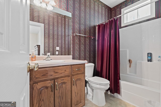 full bathroom featuring vanity, wallpapered walls, tile patterned flooring, shower / bath combo with shower curtain, and toilet