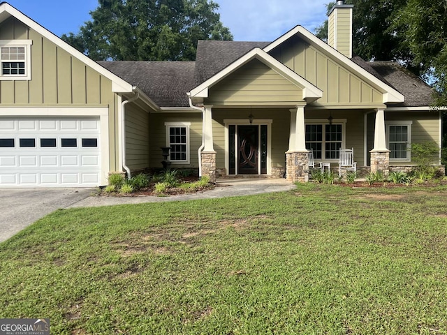 10390 Rivertown Rd, Fairburn, GA 30213 - craftsman house with a porch, board and batten siding, roof with shingles, a chimney, and a front yard