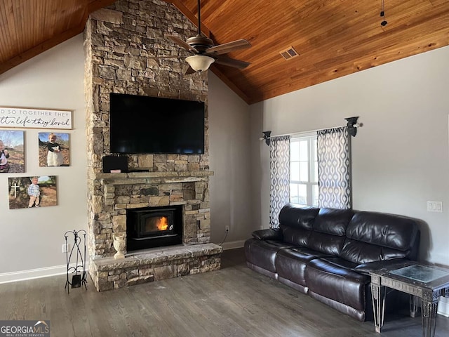 10390 Rivertown Rd, Fairburn, GA 30213 - living area with wood ceiling, a ceiling fan, a stone fireplace, wood finished floors, and baseboards
