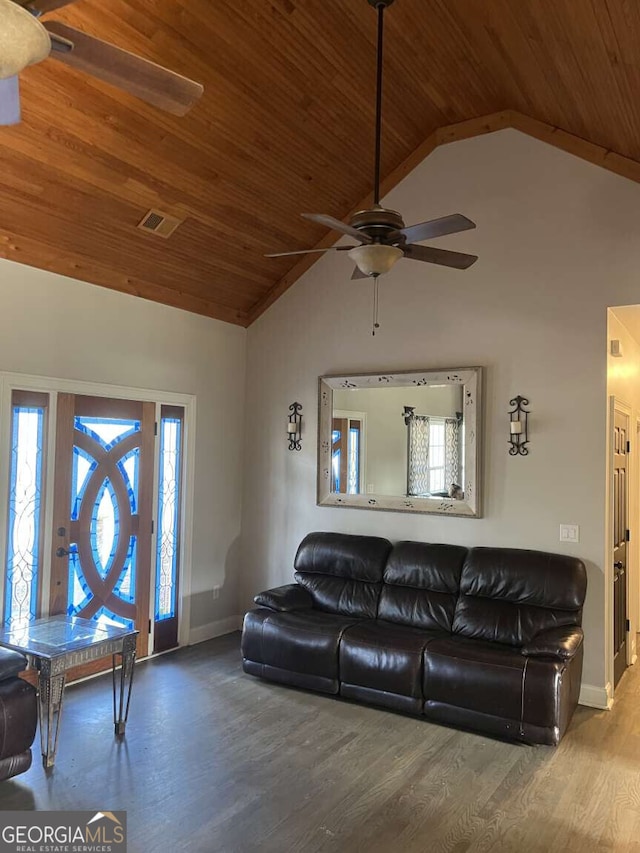 10390 Rivertown Rd, Fairburn, GA 30213 - living room with ceiling fan, wooden ceiling, baseboards, healthy amount of natural light, and wood finished floors