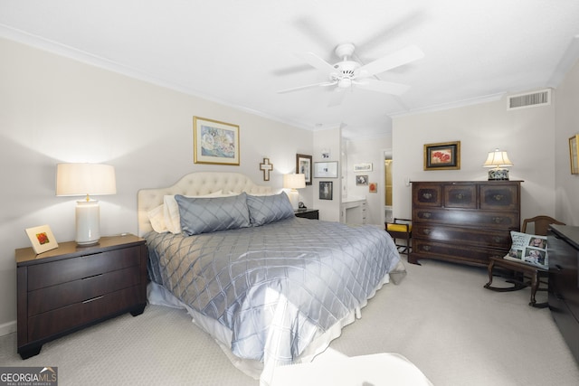 3530 Piedmont Rd NE Unit 3I, Atlanta, GA 30305 - bedroom featuring carpet floors, crown molding, ceiling fan, and connected bathroom