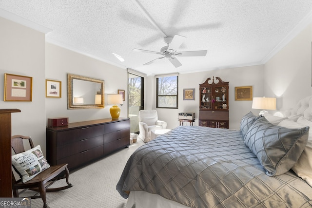 3530 Piedmont Rd NE Unit 3I, Atlanta, GA 30305 - bedroom with crown molding, light carpet, a textured ceiling, and ceiling fan