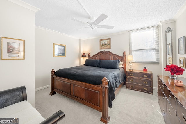 3530 Piedmont Rd NE Unit 3I, Atlanta, GA 30305 - bedroom featuring crown molding, a textured ceiling, light carpet, and a ceiling fan