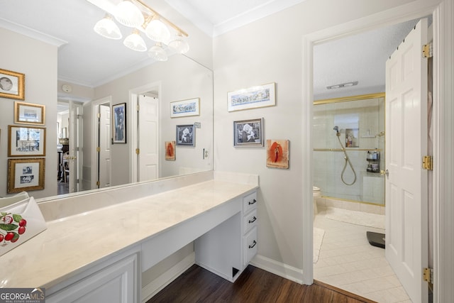 3530 Piedmont Rd NE Unit 3I, Atlanta, GA 30305 - full bathroom with a stall shower, vanity, crown molding, wood finished floors, and a chandelier