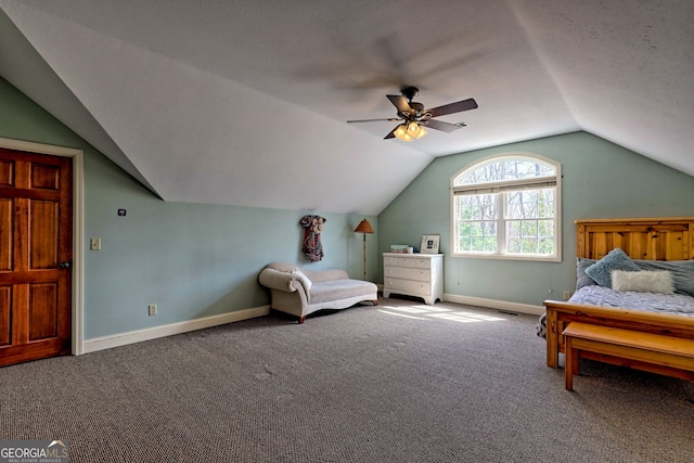 1068 Coleman River Rd, Clayton, GA 30525 - bedroom with vaulted ceiling, carpet, baseboards, and a ceiling fan