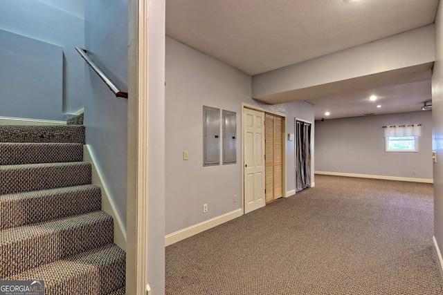 1068 Coleman River Rd, Clayton, GA 30525 - staircase with carpet floors, baseboards, electric panel, and recessed lighting