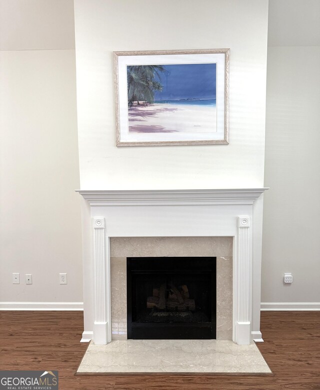 details featuring a fireplace, baseboards, and wood finished floors