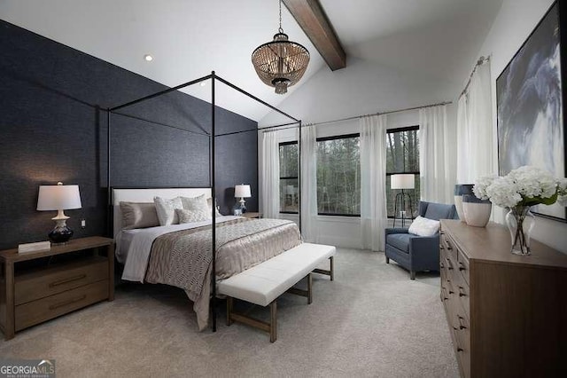carpeted bedroom with vaulted ceiling with beams