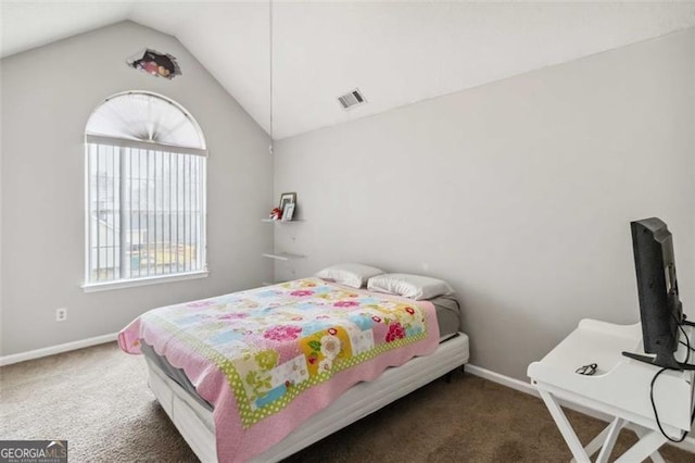 bedroom with visible vents, baseboards, carpet, and vaulted ceiling