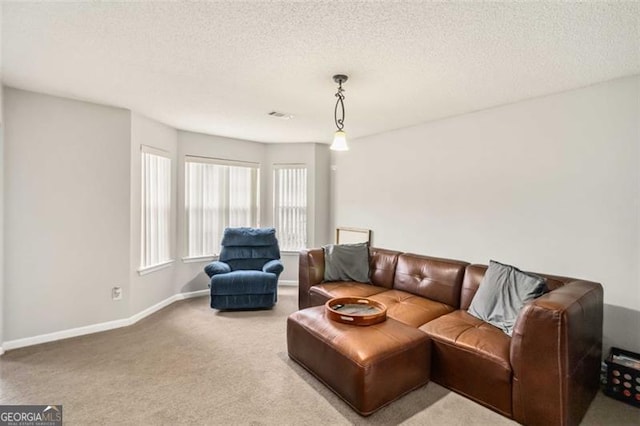 carpeted living area featuring visible vents, baseboards, and a textured ceiling