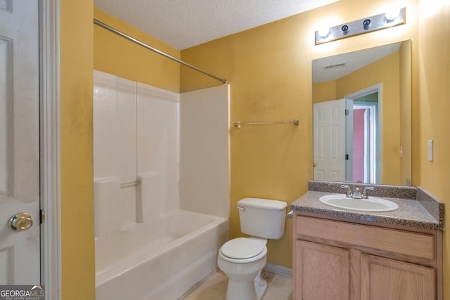 bathroom featuring toilet, washtub / shower combination, a textured ceiling, tile patterned flooring, and visible vents