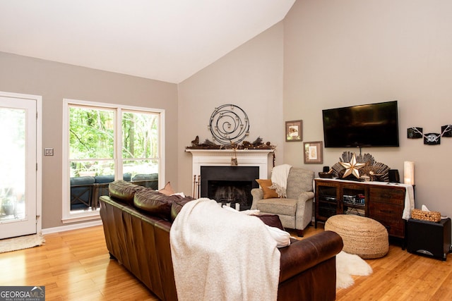 1041 Oconee Forest Ln, Watkinsville, GA 30677 - living room with a fireplace, light wood finished floors, high vaulted ceiling, and baseboards