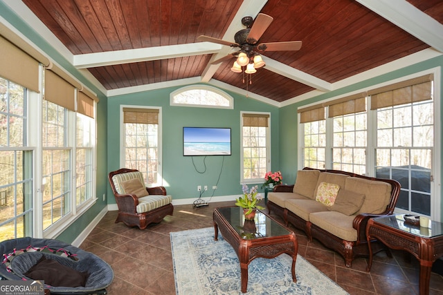 sunroom featuring lofted ceiling with beams, wooden ceiling, a wealth of natural light, and ceiling fan