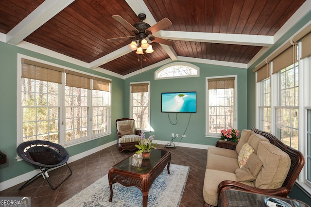 interior space featuring lofted ceiling with beams, wood ceiling, and ceiling fan