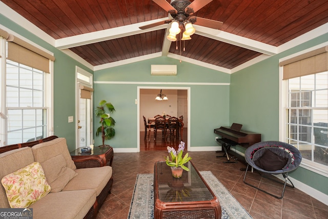 tiled living area with wood ceiling, vaulted ceiling with beams, a ceiling fan, and baseboards