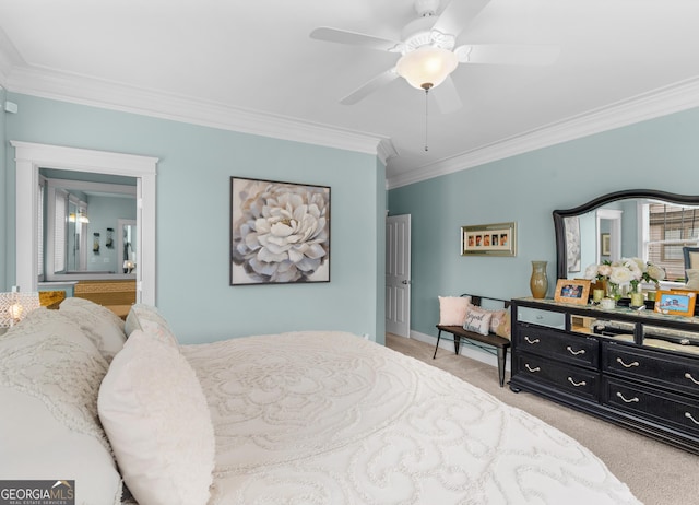 bedroom with baseboards, light carpet, ceiling fan, and crown molding