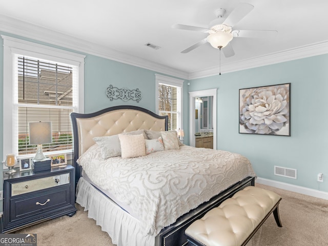 bedroom with crown molding, baseboards, and visible vents