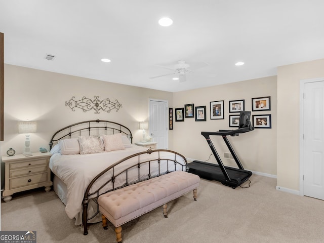 carpeted bedroom featuring visible vents, recessed lighting, a ceiling fan, and baseboards