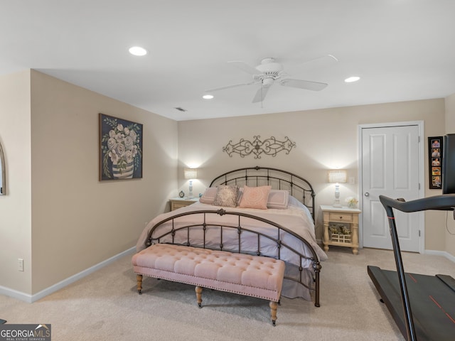 bedroom featuring recessed lighting, a ceiling fan, baseboards, and carpet floors