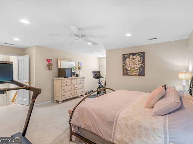 carpeted bedroom with visible vents, recessed lighting, baseboards, and a ceiling fan