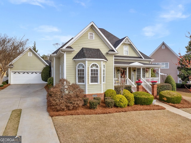 view of front facade with a porch, a garage, driveway, and roof with shingles