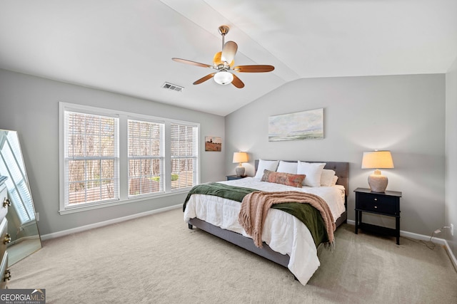 3810 Branch Bluff Ln, Cumming, GA 30040 - carpeted bedroom featuring vaulted ceiling, baseboards, visible vents, and ceiling fan