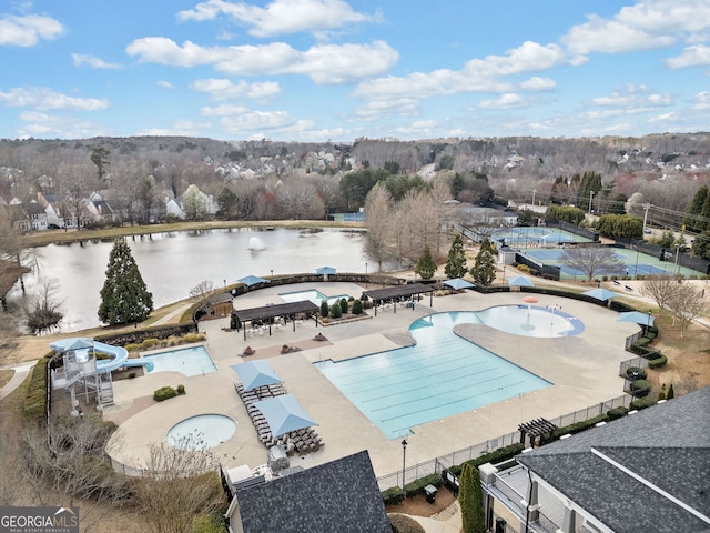 3810 Branch Bluff Ln, Cumming, GA 30040 - community pool featuring a patio area, a water view, fence, and a hot tub