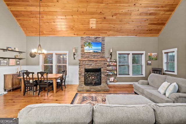 153 Whistle Pig Ter, Blairsville, GA 30512 - living area with a chandelier, a wainscoted wall, wooden ceiling, and light wood-style flooring