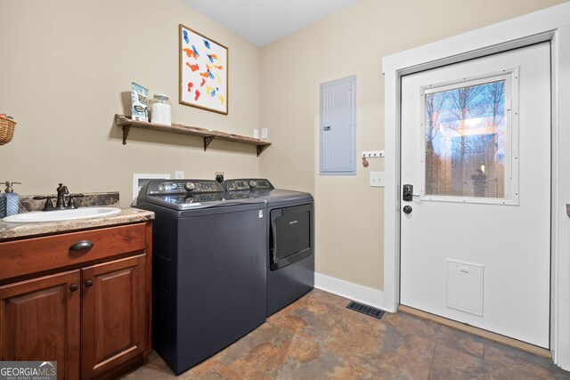 153 Whistle Pig Ter, Blairsville, GA 30512 - laundry area featuring stone finish flooring, baseboards, electric panel, washer and dryer, and a sink