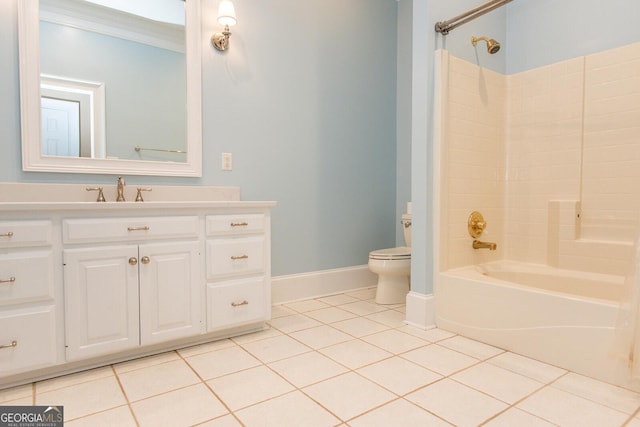 full bathroom featuring tile patterned floors, toilet, baseboards, bathtub / shower combination, and vanity