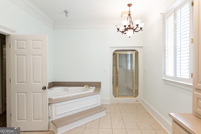 full bath featuring ornamental molding, a shower stall, tile patterned floors, a bath, and a chandelier