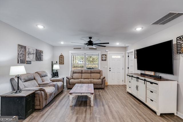 132 Pinnacle Way, Carrollton, GA 30117 - living area featuring baseboards, visible vents, light wood-style flooring, recessed lighting, and ceiling fan