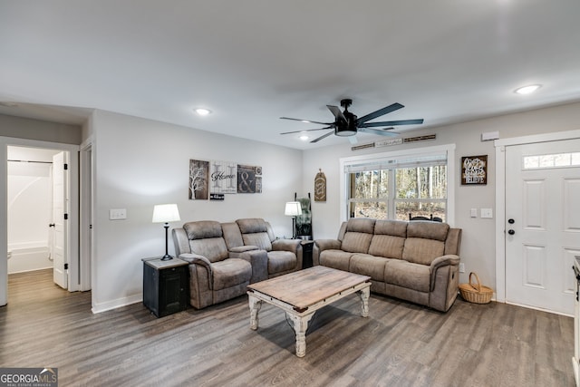 132 Pinnacle Way, Carrollton, GA 30117 - living room featuring recessed lighting, wood finished floors, and ceiling fan