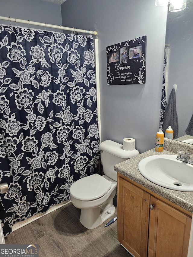 bathroom featuring toilet, wood finished floors, vanity, and a shower with curtain