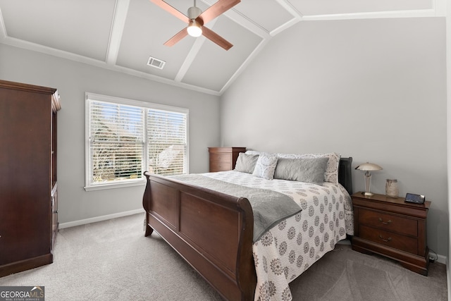 carpeted bedroom with baseboards, visible vents, a ceiling fan, and lofted ceiling