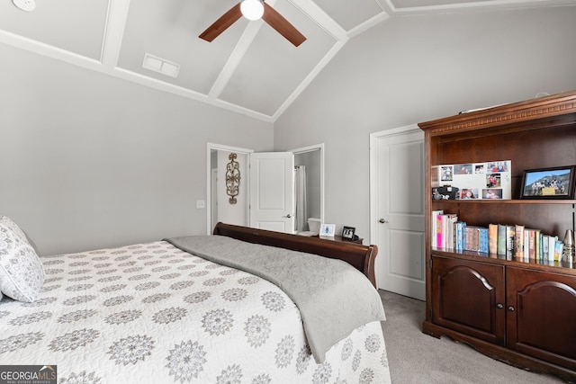 bedroom featuring a ceiling fan, high vaulted ceiling, light colored carpet, and visible vents