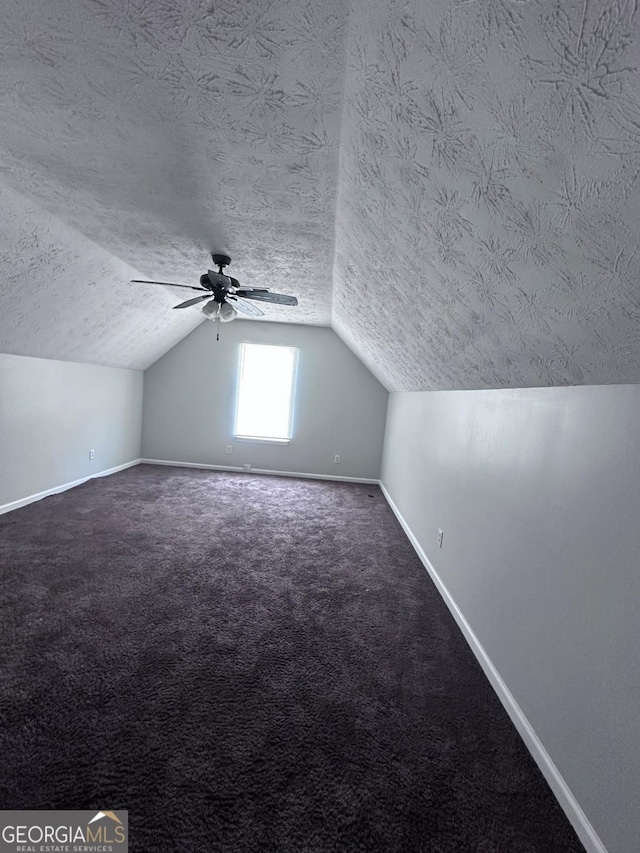 additional living space with carpet flooring, a textured ceiling, baseboards, and vaulted ceiling