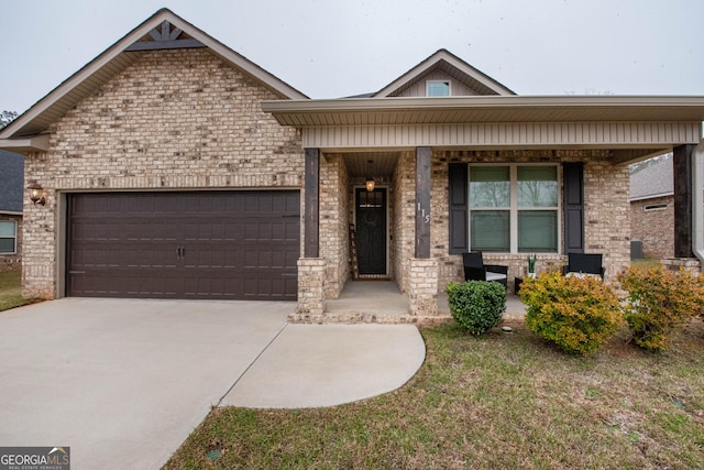 view of front of house featuring concrete driveway, an attached garage, brick siding, and covered porch