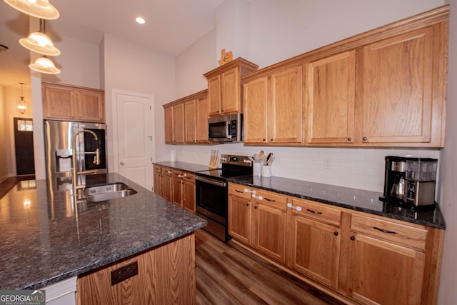 kitchen featuring backsplash, dark wood-style floors, appliances with stainless steel finishes, and a sink