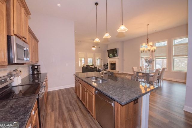 kitchen featuring a sink, a fireplace with raised hearth, appliances with stainless steel finishes, and dark wood finished floors